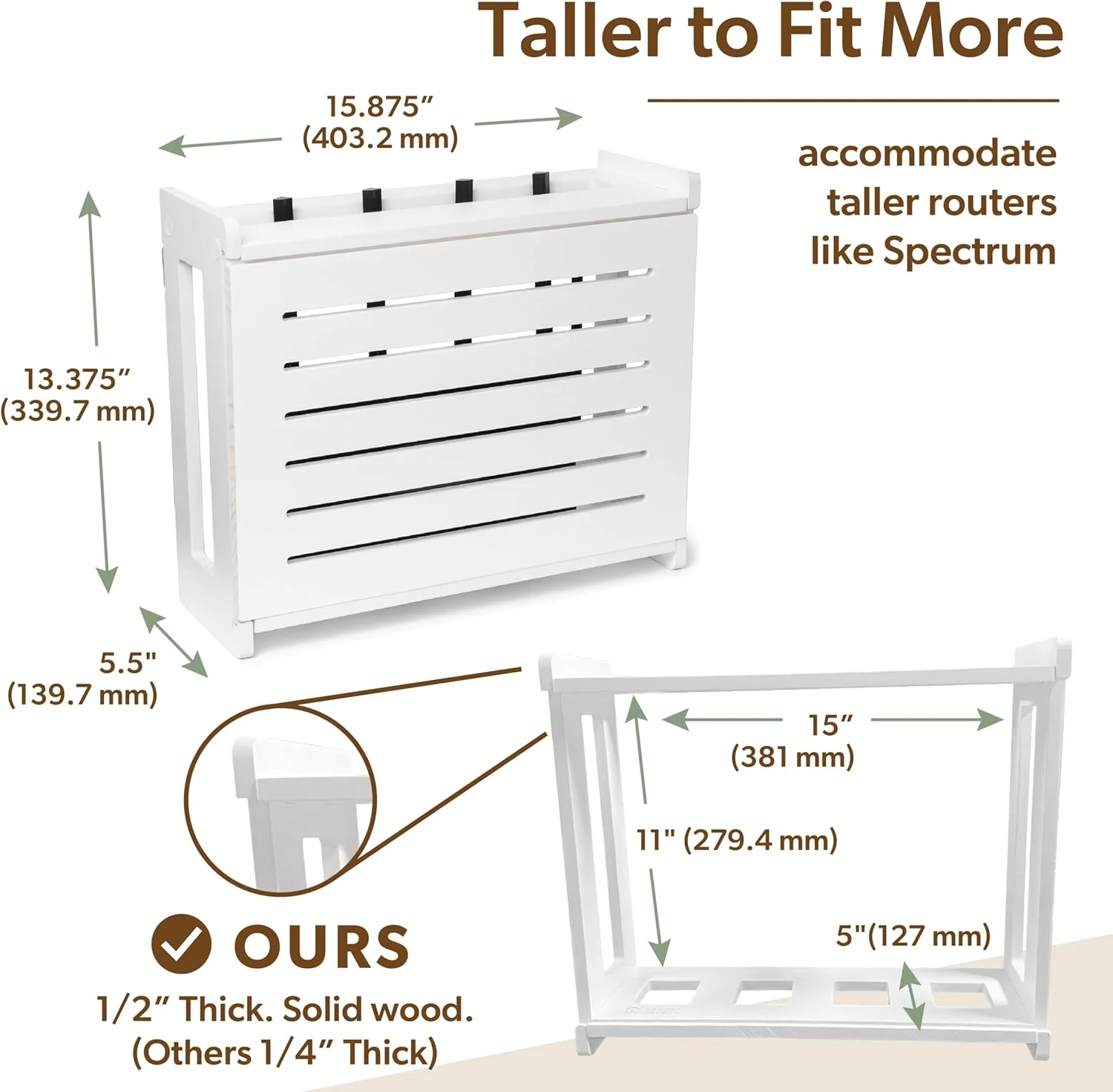 جعبه نگهداری روتر وای فای چوبی - قفسه تزئینی استاندارد قابل نصب روی دیوار با سیستم مدیریت کابل - راه حل سازماندهی منزل برای روترها تا ارتفاع 28 سانتی متر - قهوه ای اسپرسو