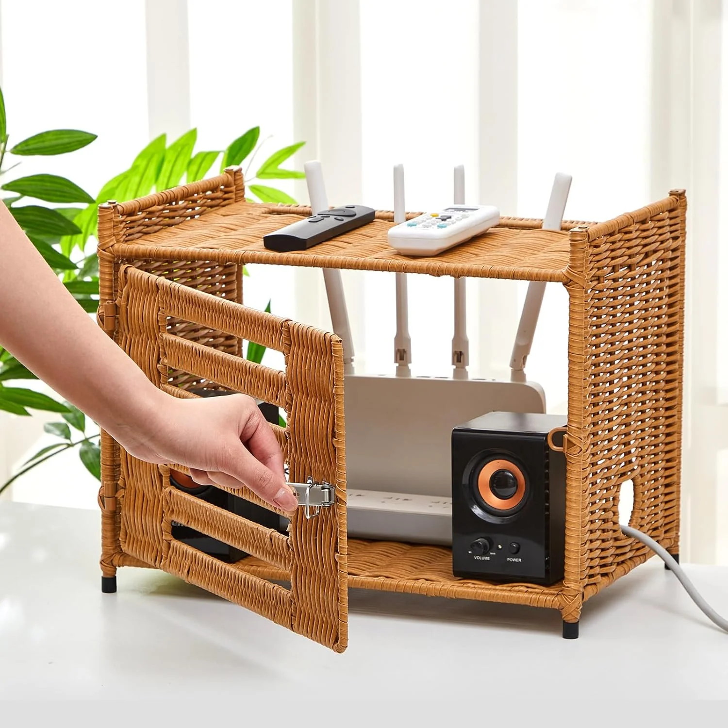 پایه روتر حصیری Kathfly، قفسه جعبه ذخیره سازی پروژکتور، پوشش مودم مخفی کننده جعبه روتر وای فای، مدیریت کابل حصیری دست بافت تزئینی سازمان یافته، قفسه مخفی کننده با مونتاژ آسان برای مودم ها و چند راهی برق