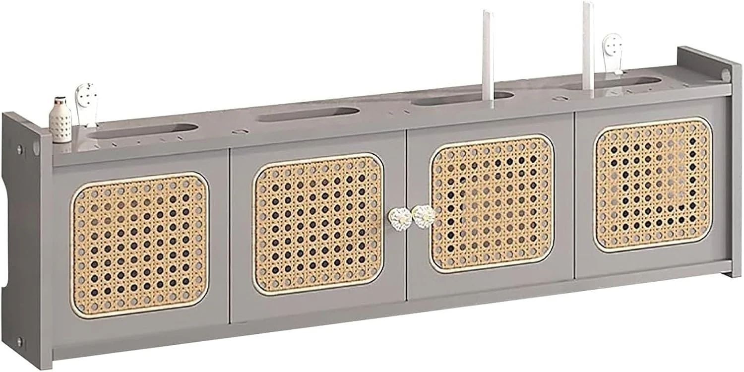 باکس ذخیره سازی روتر وای فای حصیری HOLGVE، قفسه روتر چوبی دیواری، مخفی کننده باکس وای فای، رک مودم سرگرمی، برای دفتر و خانه (خاکستری، 31.50x4.33 اینچ)