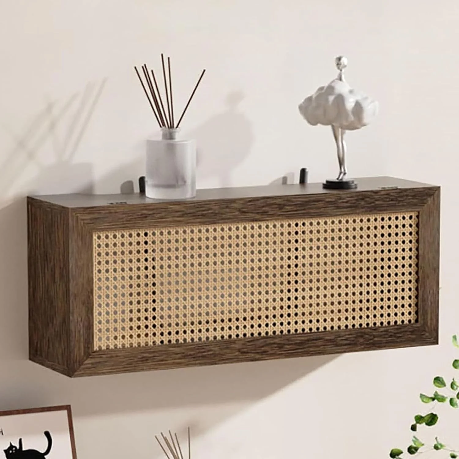 باکس ذخیره سازی روتر وای فای حصیری، قفسه روتر وای فای دیواری، کابینت روتر چوبی مودم های کابلی، با تهویه و مدیریت کابل (50 سانتی متر)