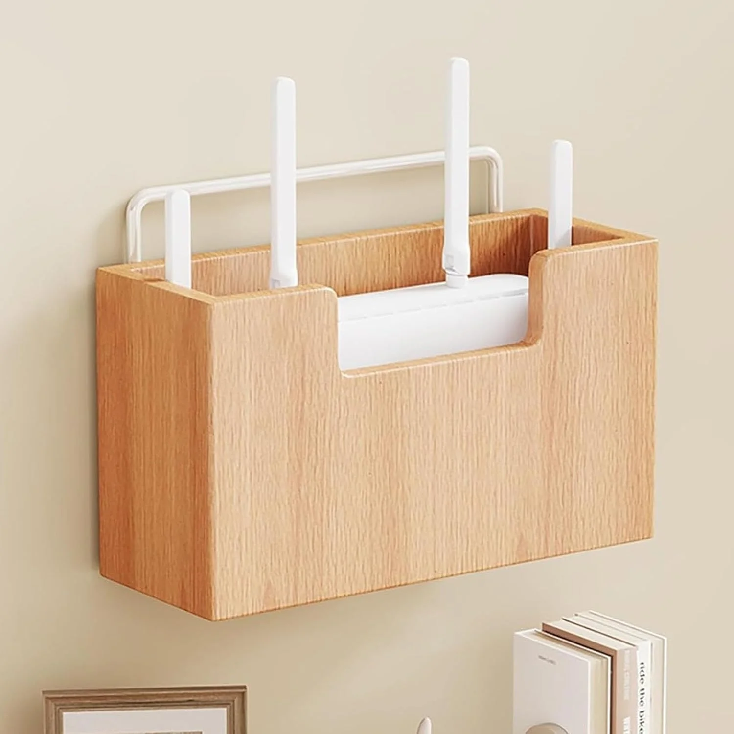 جعبه نگهداری روتر وای فای، قفسه جعبه بالایی چوبی، قفسه روتر نصب شده روی دیوار، پوشش روتر کابل مودم نوار برق سازمان یافته برای دفتر و خانه (طبیعی)