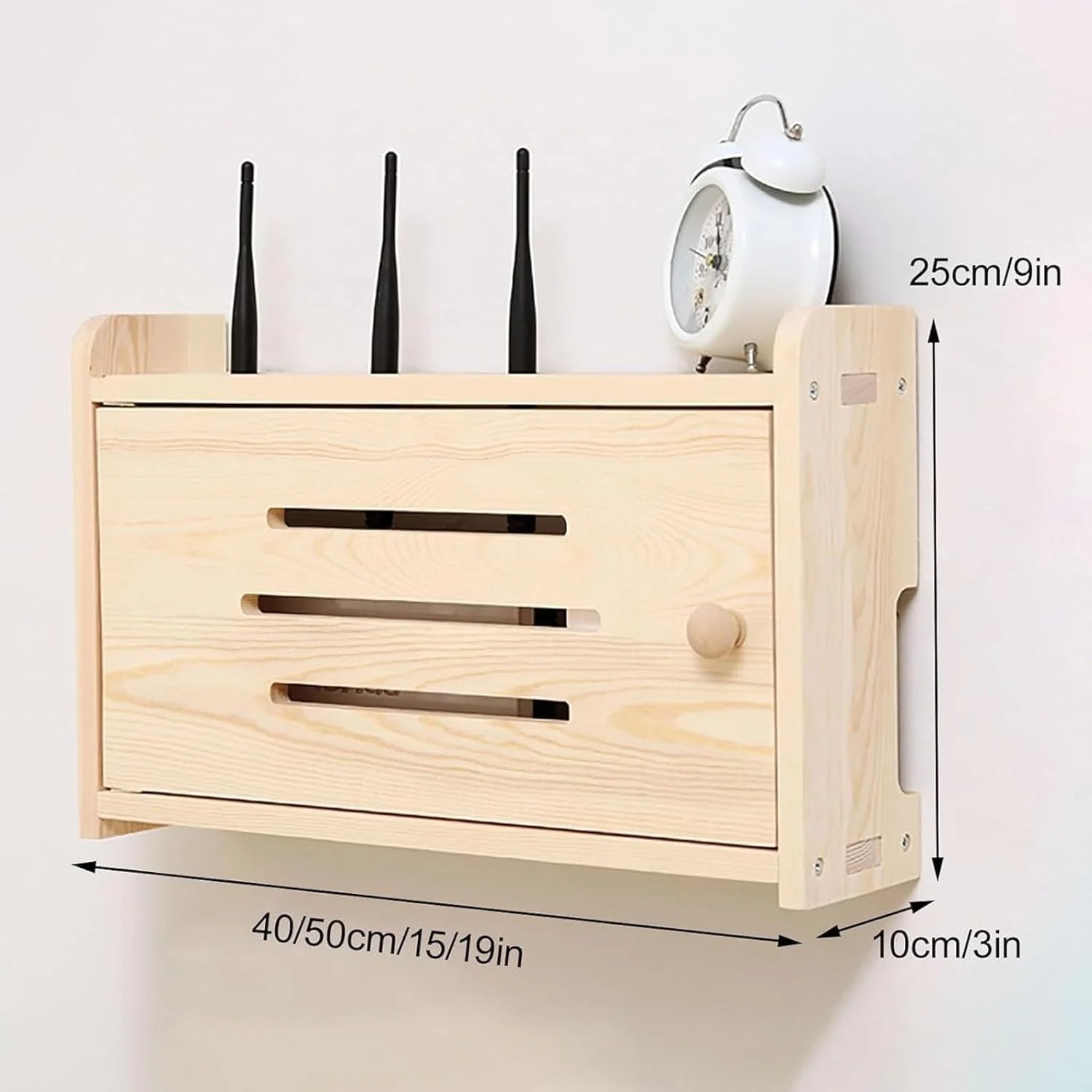 باکس ذخیره سازی روتر وای فای دیواری چوبی HOLGVE، جعبه تزئینی مخفی کننده کابل مودم وای فای، سازمان دهنده مخفی کننده سیم برق قفسه روتر، کابینت روتر برای اتاق خواب اتاق نشیمن (طبیعی، 50 سانتی متر/19 اینچ)