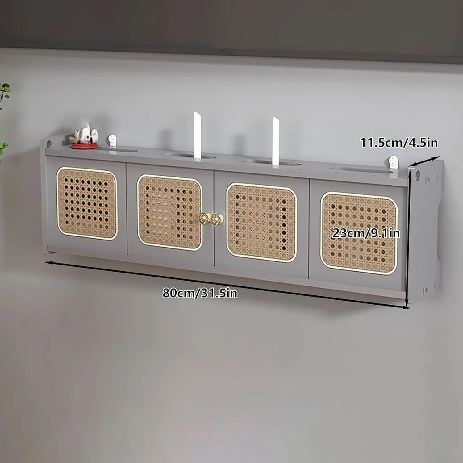 باکس ذخیره سازی روتر وای فای حصیری HOLGVE، قفسه روتر چوبی دیواری، مخفی کننده باکس وای فای، رک مودم سرگرمی، برای دفتر و خانه (خاکستری، 31.50x4.33 اینچ)