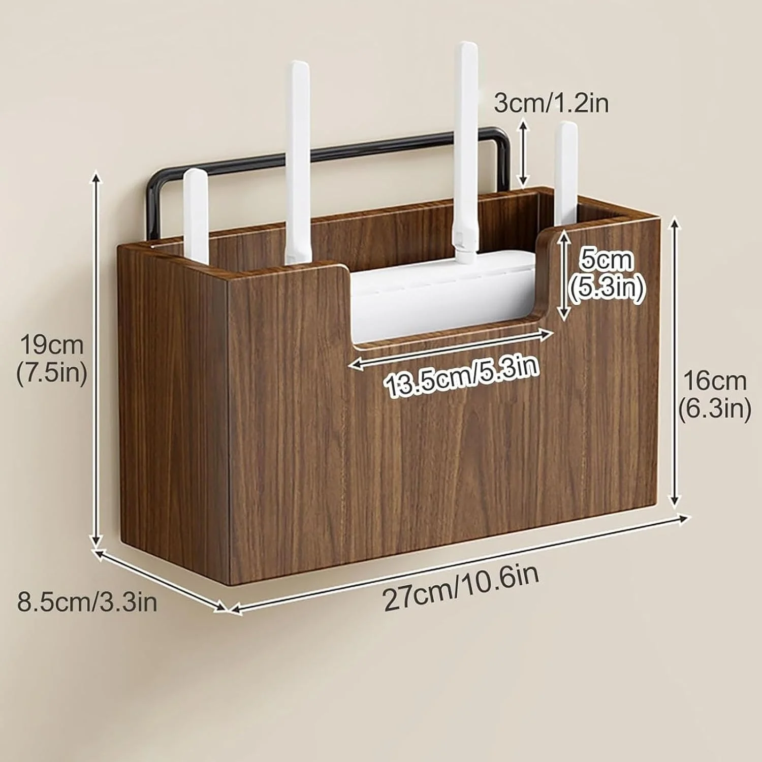 جعبه نگهداری روتر وای فای، قفسه جعبه بالایی چوبی، قفسه روتر نصب شده روی دیوار، پوشش روتر کابل مودم نوار برق سازمان یافته برای دفتر و خانه (طبیعی)