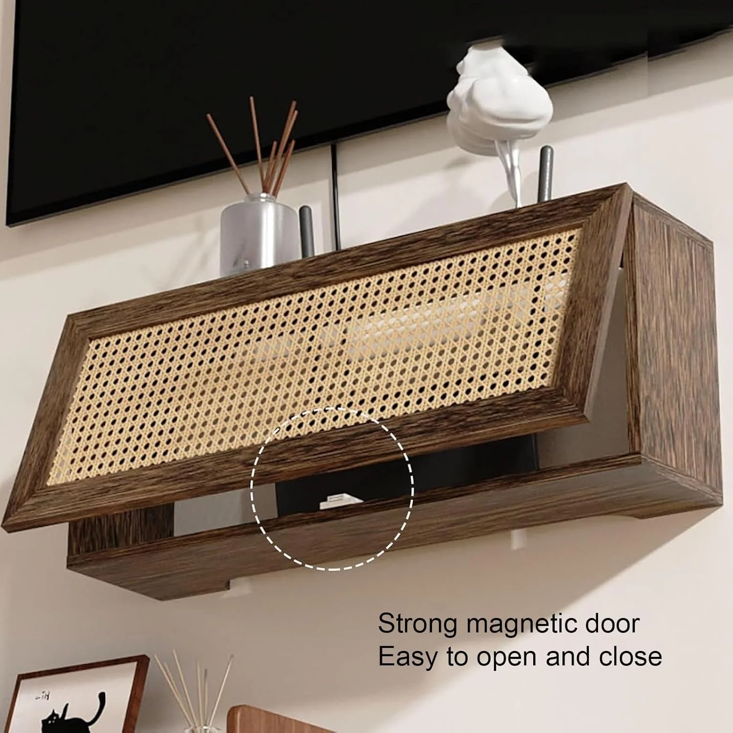 باکس ذخیره سازی روتر وای فای حصیری، قفسه روتر وای فای دیواری، کابینت روتر چوبی مودم های کابلی، با تهویه و مدیریت کابل (50 سانتی متر)