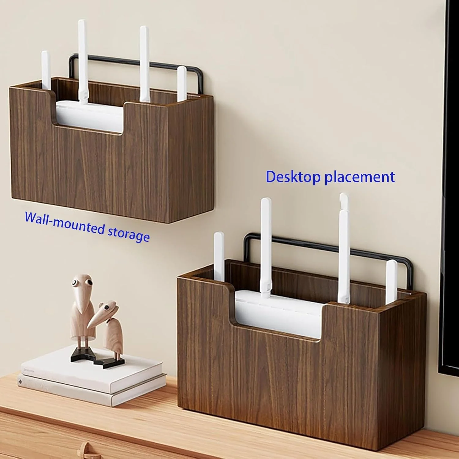 جعبه نگهداری روتر وای فای، قفسه جعبه بالایی چوبی، قفسه روتر نصب شده روی دیوار، پوشش روتر کابل مودم نوار برق سازمان یافته برای دفتر و خانه (طبیعی)