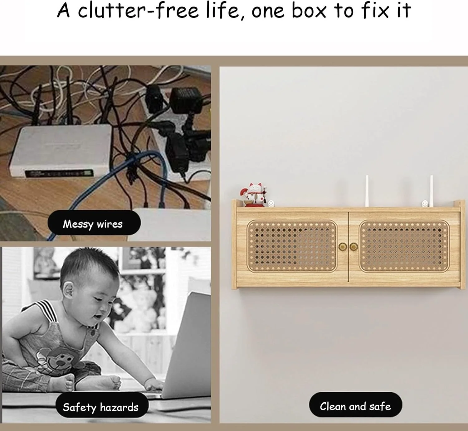 جعبه نگهداری روتر وای فای حصیری، مخفی کننده روتر وای فای دیواری، قفسه روتر سرگرمی، کابینت روتر مودم برای دفتر و منزل (طبیعی، 40x11 سانتی متر)