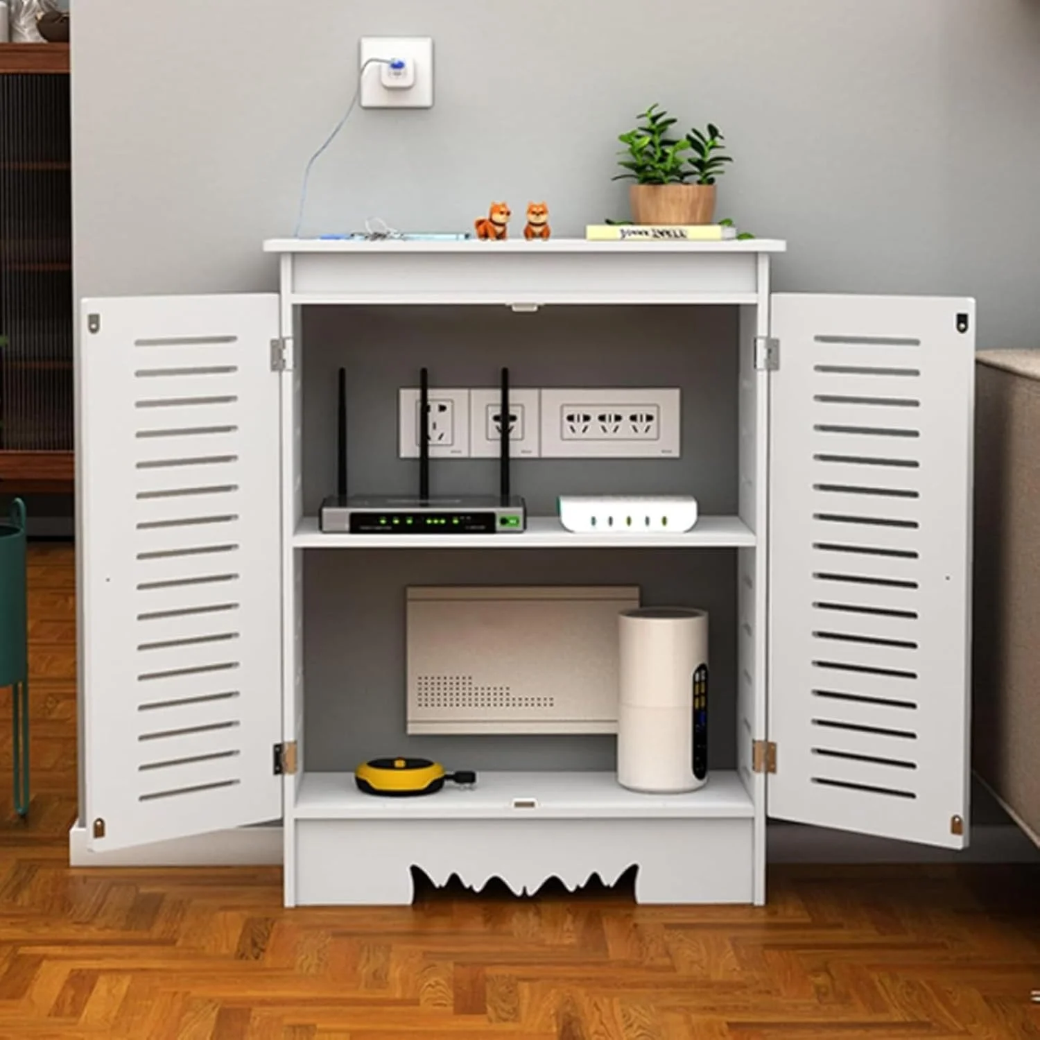 کابینت روتر وای فای، جعبه مخفی کننده روتر تزئینی، سازمان دهنده مودم و چندراهی برق ایستاده، مدیریت کابل (70x80x30 سانتی متر)