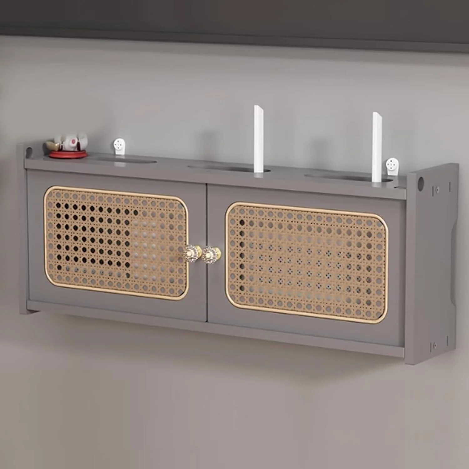 جعبه روتر چوبی YUGXTH، مخفی کننده جعبه وای فای دیواری، کابینت روتر وای فای با درب حصیری، پوشش قفسه مودم برای دفتر و خانه (خاکستری، L23.6xW4.5xH9IN)