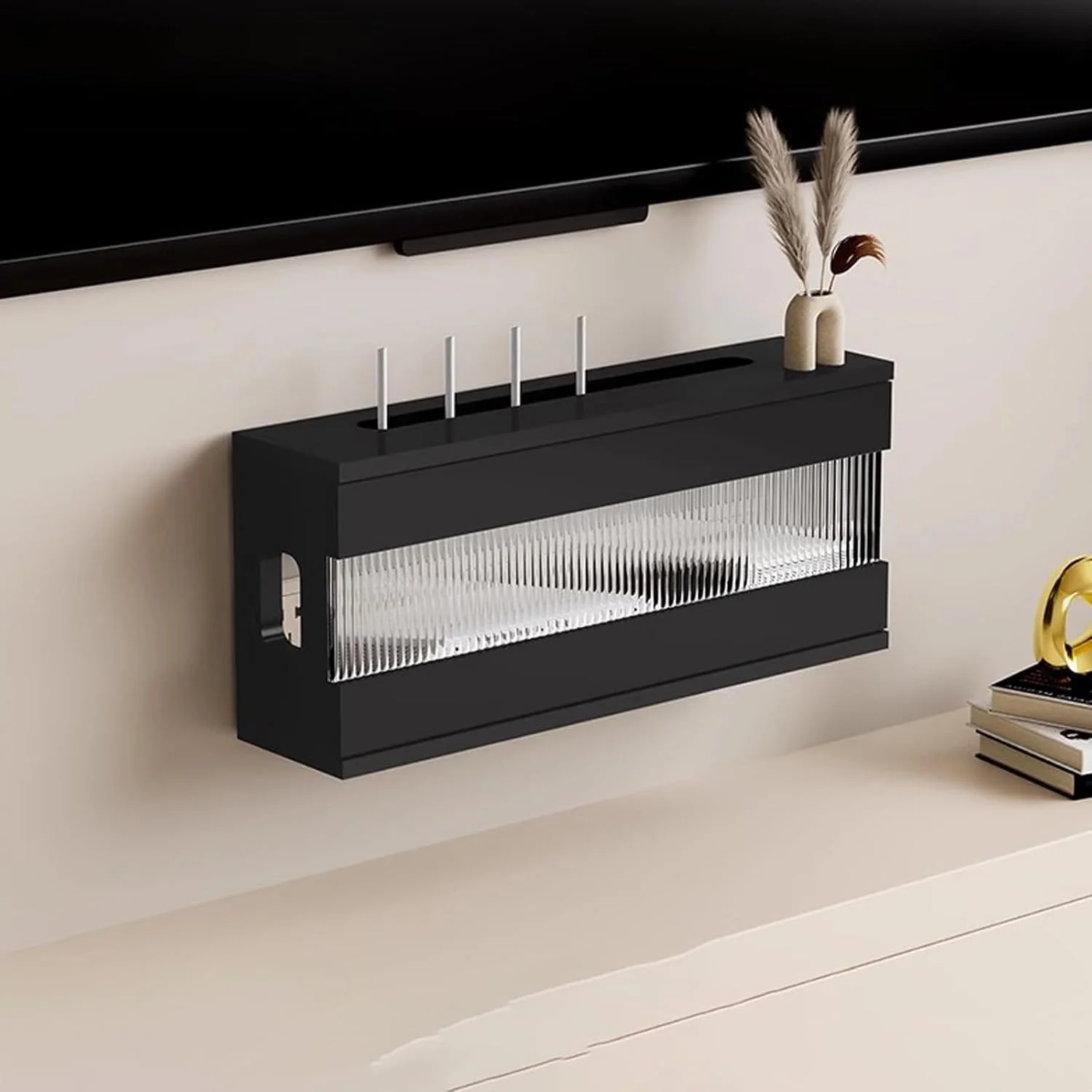 جعبه کابینت دیواری برای نگهداری روتر وای فای، قفسه مخفی کننده روتر، قفسه مودم، سازمان دهنده و مخفی کننده کابل، مناسب برای اتاق خواب، اتاق نشیمن، دفتر و خانه (مشکی، 50 سانتی متر)