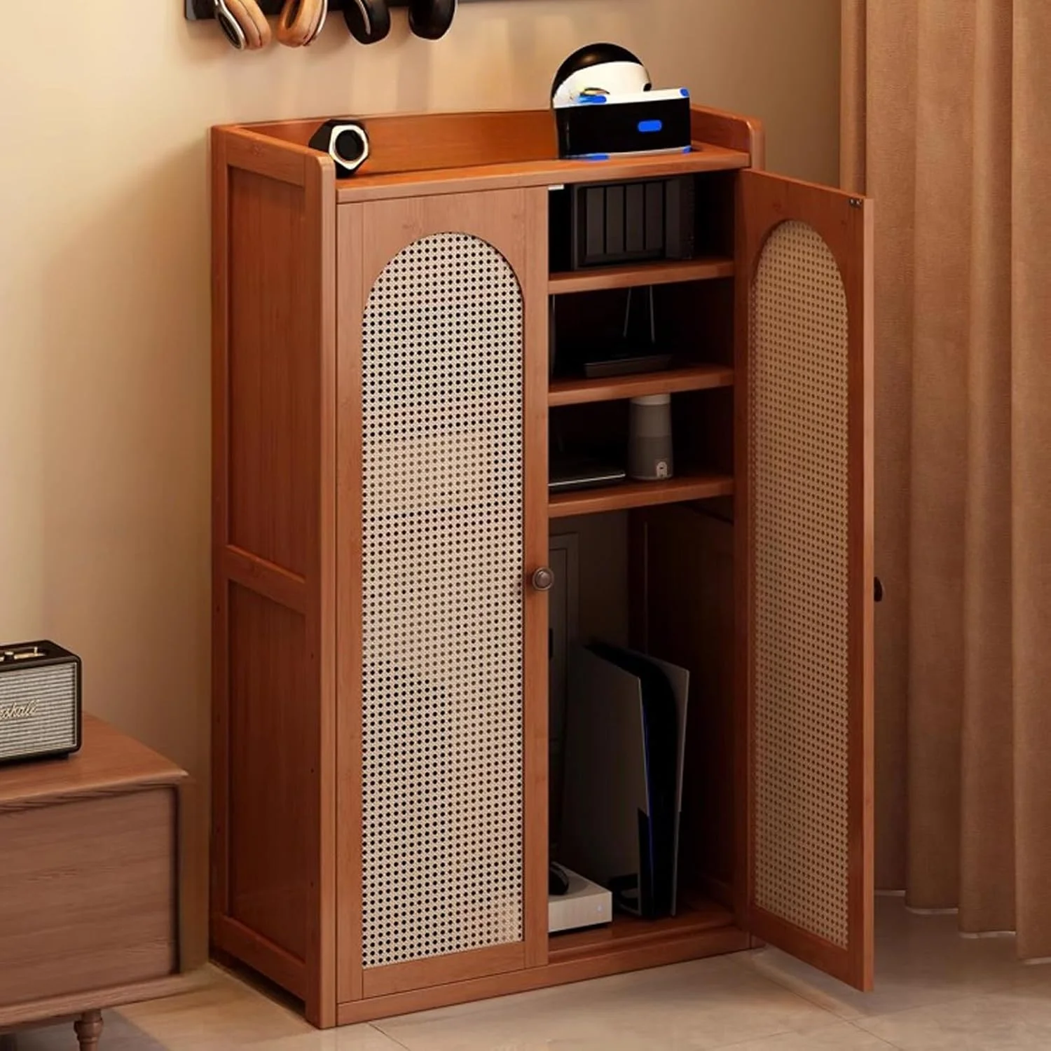 کابینت حصیری برای نگهداری روتر وای فای، جعبه مخفی کننده روتر ایستاده بامبو با قفسه های قابل تنظیم، سازمان دهنده مودم و چندراهی برق، مدیریت کابل، برای خانه و دفتر (بزرگ)