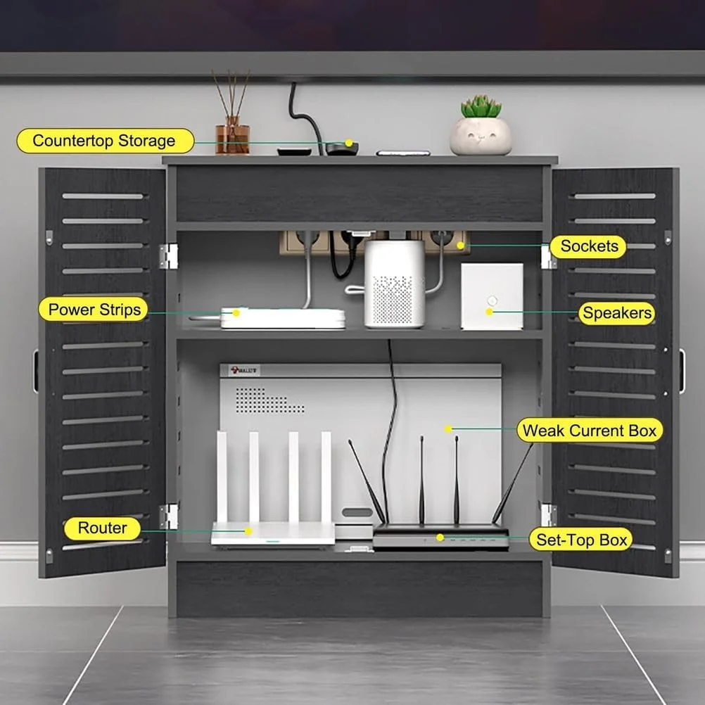 جعبه مخفی روتر وای فای، جعبه ذخیره سازی روتر ایستاده، پوشش مودم روتر برای دفتر کار خانگی، قفسه دو طبقه، خاکستری، 50 * 80 * 30 سانتی متر