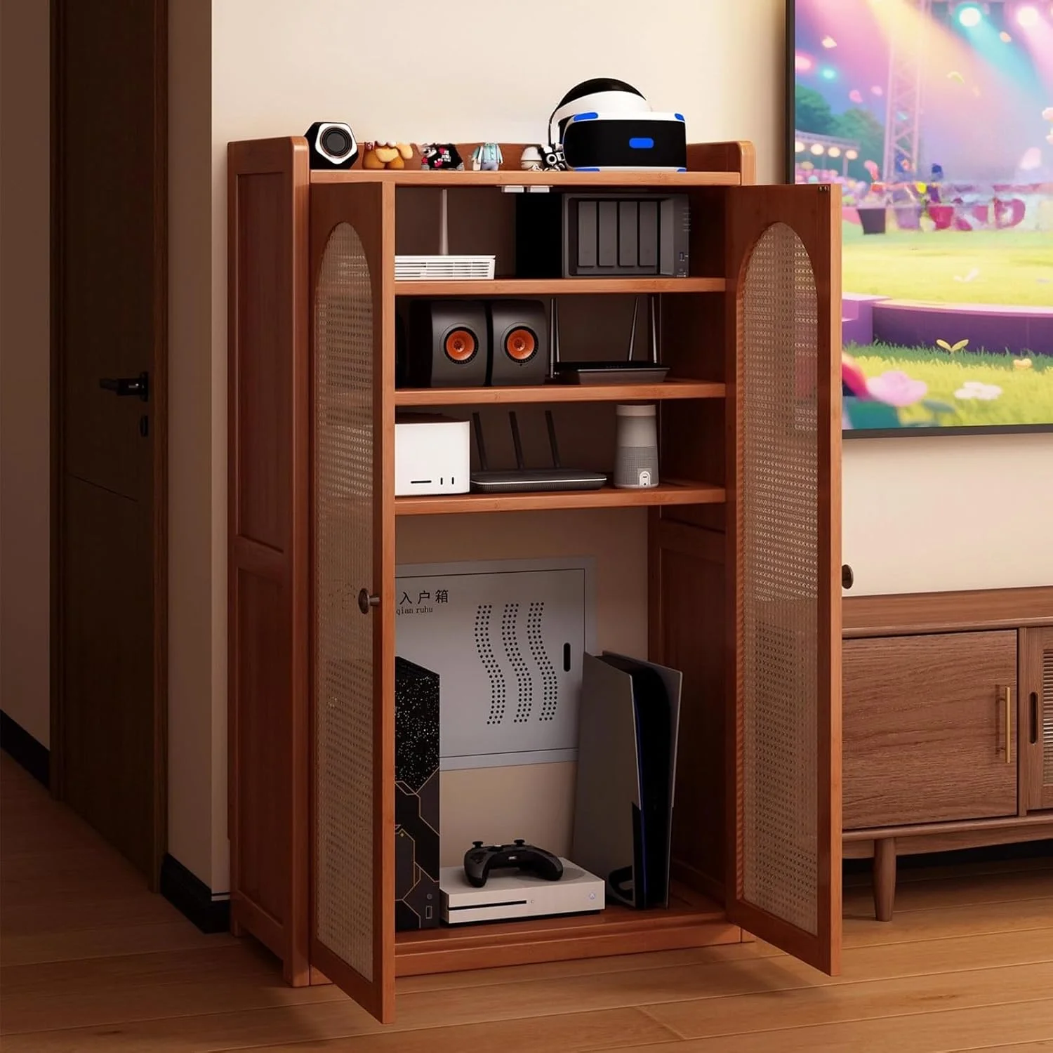کابینت حصیری برای نگهداری روتر وای فای، جعبه مخفی کننده روتر ایستاده بامبو با قفسه های قابل تنظیم، سازمان دهنده مودم و چندراهی برق، مدیریت کابل، برای خانه و دفتر (بزرگ) - تصویر 3
