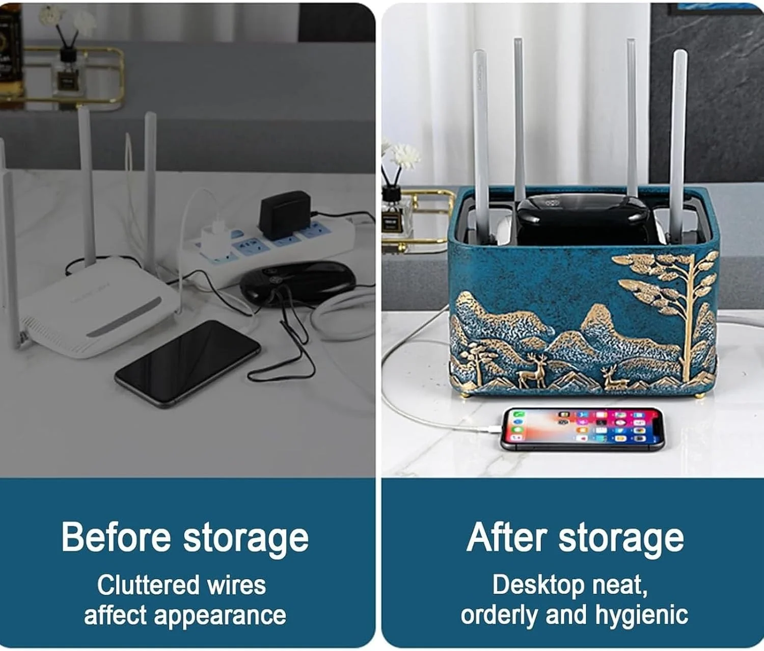جعبه نگهداری روتر وای فای، کابینت روتر پلاستیکی طرح قدیمی، مخفی کننده جعبه مودم، قفسه تزئینی برای دستگاه بی سیم اینترنت وای فای، نگهدارنده سیم برق (مشکی، 16.8 سانتی متر)
