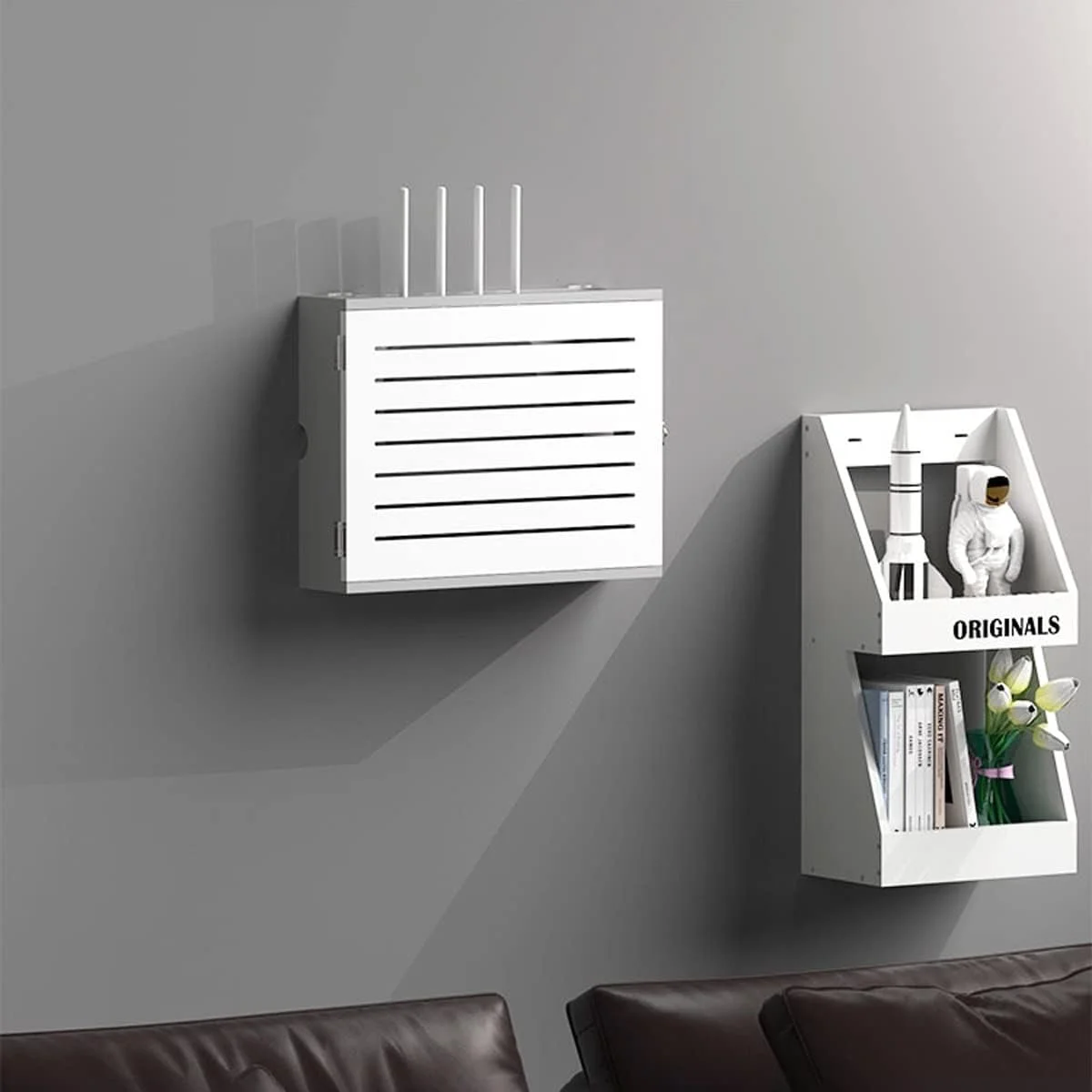 جعبه نظم دهنده روتر چوبی با درب برای اتاق نشیمن، جعبه مدیریت کابل برای دستگاه های چند رسانه ای، مخفی کردن کابل ها و مودم، سفید، قطر داخلی 50 سانتی متر