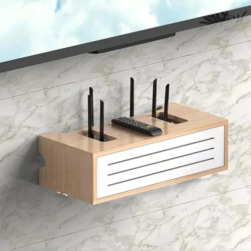 شلف دیواری چوبی روتر، جعبه نگهداری تزئینی برای مودم وای فای، قفسه روتر شیک، آویز/زمینی (خاکستری + سفید 81 سانتی متر)