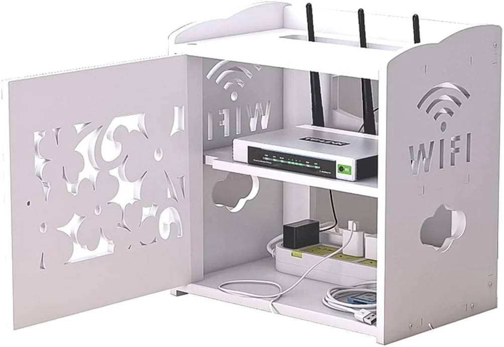 شلف شناور با درب برای روتر وای فای، مودم، کابل، پریز برق، جعبه های ذخیره سیم، قفسه ذخیره سازی چند منظوره (سفید 30x20x32 سانتی متر)