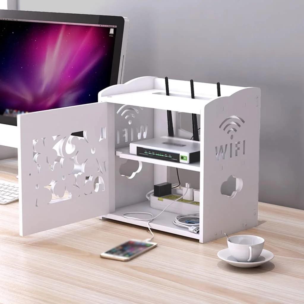 شلف شناور با درب برای روتر وای فای، مودم، کابل، پریز برق، جعبه های ذخیره سیم، قفسه ذخیره سازی چند منظوره (سفید 30x20x32 سانتی متر)