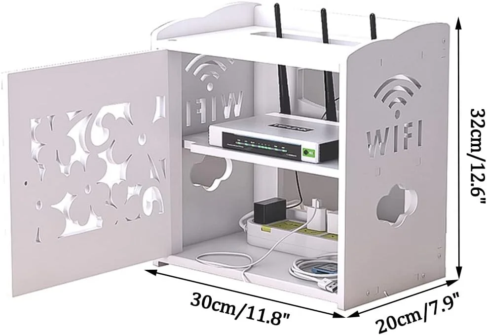 شلف شناور با درب برای روتر وای فای، مودم، کابل، پریز برق، جعبه های ذخیره سیم، قفسه ذخیره سازی چند منظوره (سفید 30x20x32 سانتی متر)