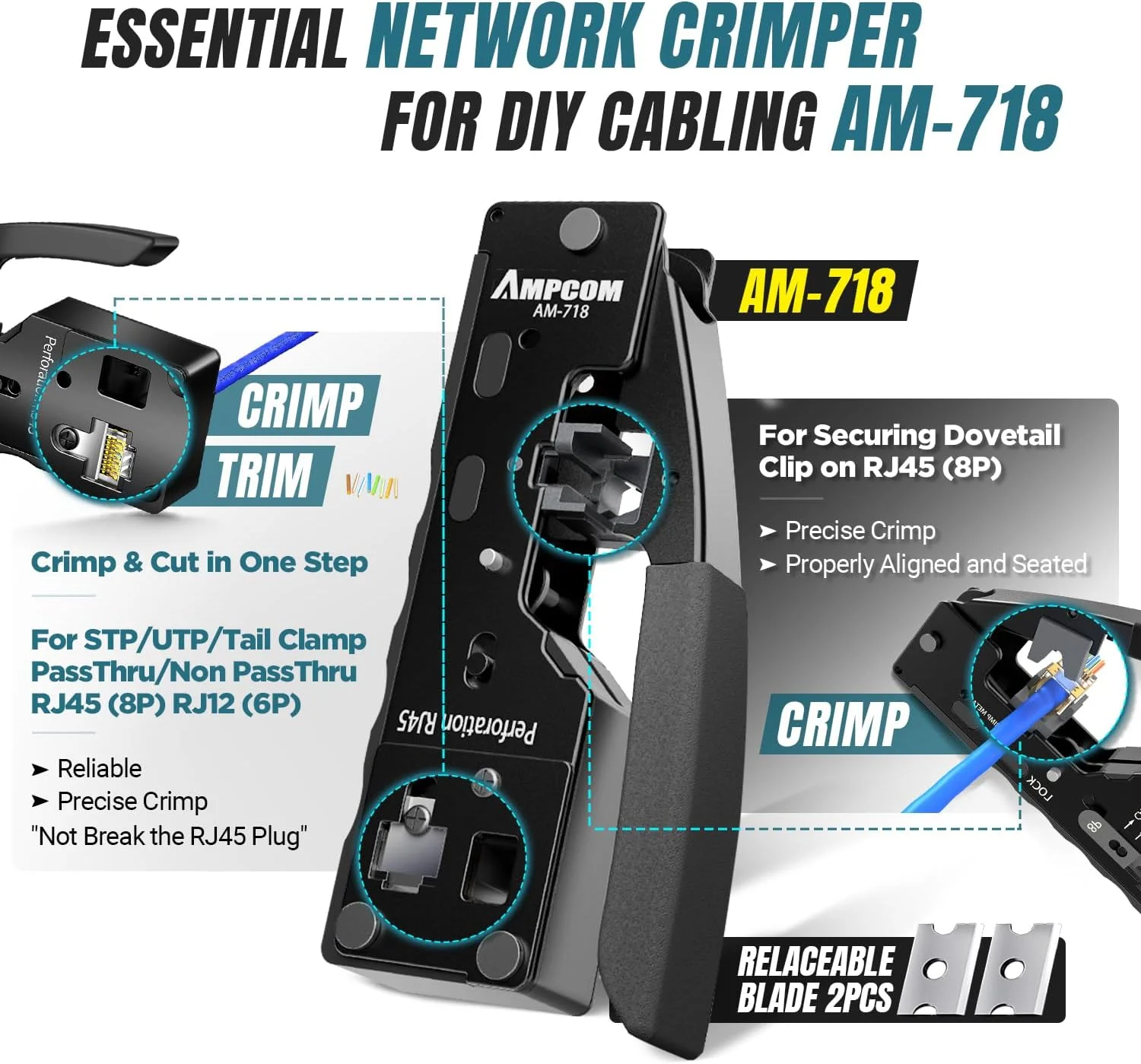 ست ابزار شبکه AMPCOM اترنت 9 در 1 برای کانکتورهای RJ45/RJ11، مناسب کابل های STP Cat7/6A UTP Cat6/5E/5 RJ45 به همراه ابزار پانچ 110 و سیم لخت کن در کیف ضد آب قابل حمل ست ابزار شبکه AMPCOM اترنت 9 در 1 برای کانکتورهای RJ45/RJ11، مناسب کابل های STP Cat7/6A UTP Cat6/5E/5 RJ45 به همراه ابزار پانچ 110 و سیم لخت کن در کیف ضد آب قابل حمل