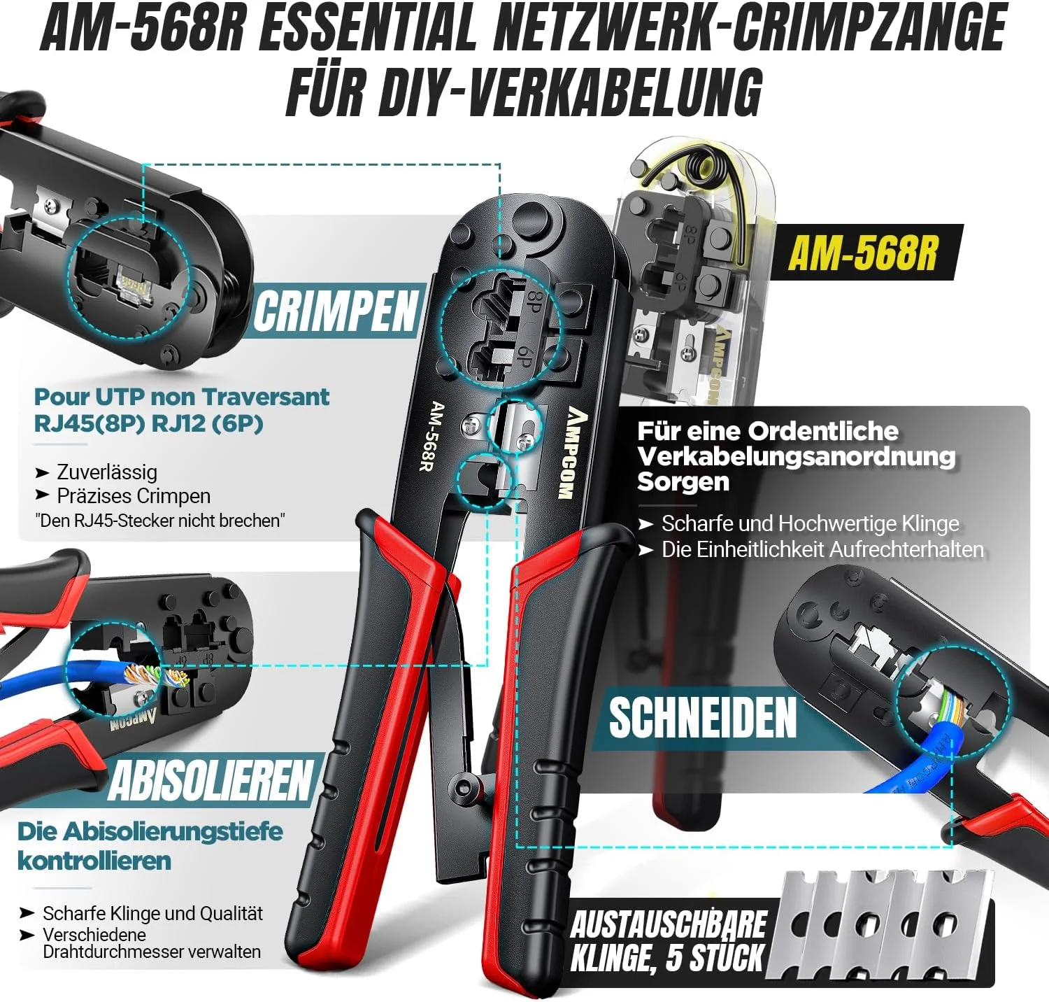 مجموعه ابزار شبکه AMPCOM اترنت 10 در 1 RJ45/RJ11 به همراه تستر RJ45 برای کانکتورهای Cat6/Cat5e/Cat5 RJ45، شامل ابزار پانچ 110 و سیم لخت کن، کیف ضد آب قابل حمل مجموعه ابزار شبکه AMPCOM اترنت 10 در 1 RJ45/RJ11 به همراه تستر RJ45 برای کانکتورهای Cat6/Cat5e/Cat5 RJ45، شامل ابزار پانچ 110 و سیم لخت کن، کیف ضد آب قابل حمل