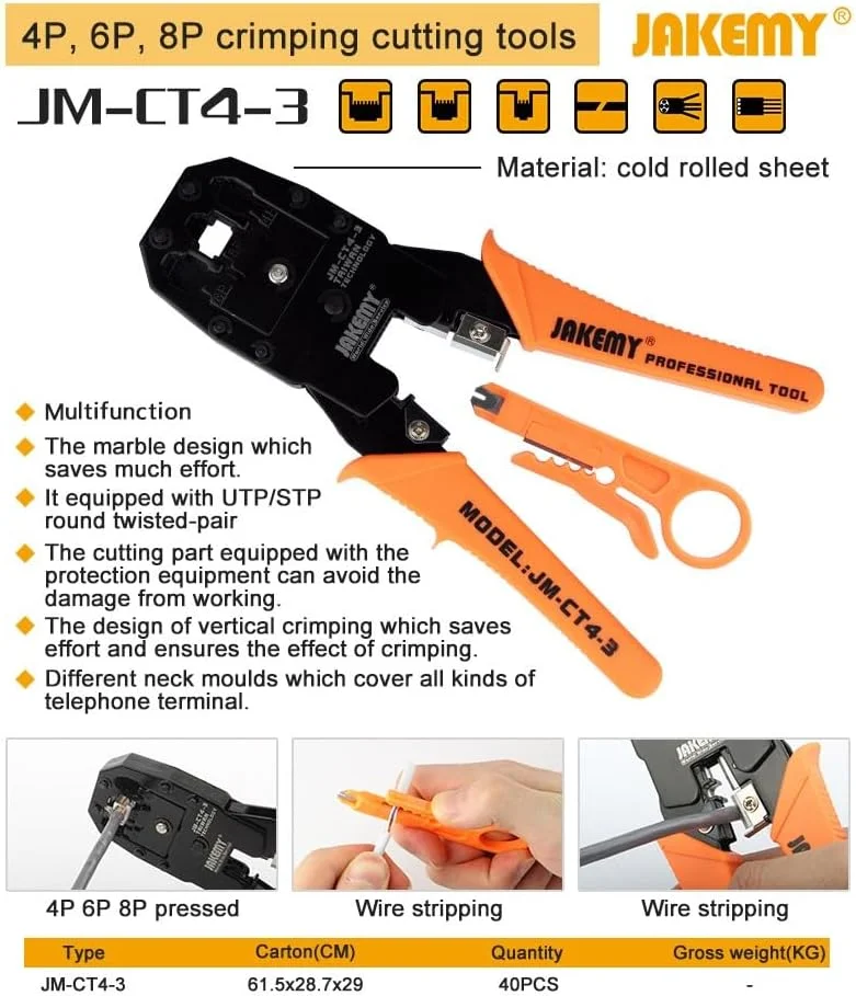 ابزار پرس کابل شبکه تلفن حرفه ای JM-CT4-3 200mm برای کابل های اترنت اینترنت 4P 6P 8P ابزار پرس کابل شبکه تلفن حرفه ای JM-CT4-3 200mm برای کابل های اترنت اینترنت 4P 6P 8P