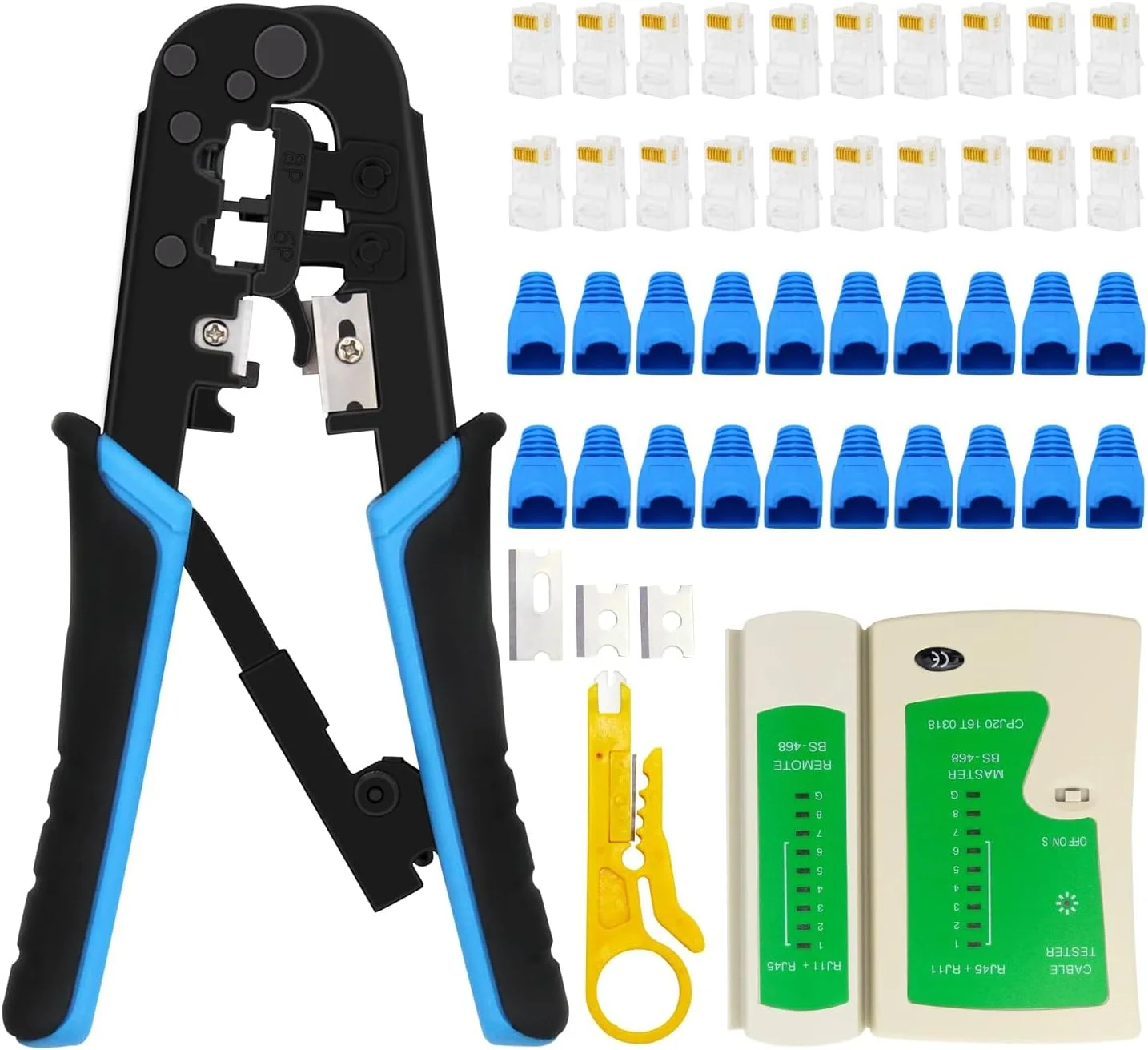 ابزار کریمپینگ حرفه ای RJ45 برای کابل های اترنت Cat5/Cat6 - شامل 50 کانکتور عبوری، 50 روکش RJ45 و سیم لخت کن کوچک برای تست کابل شبکه
