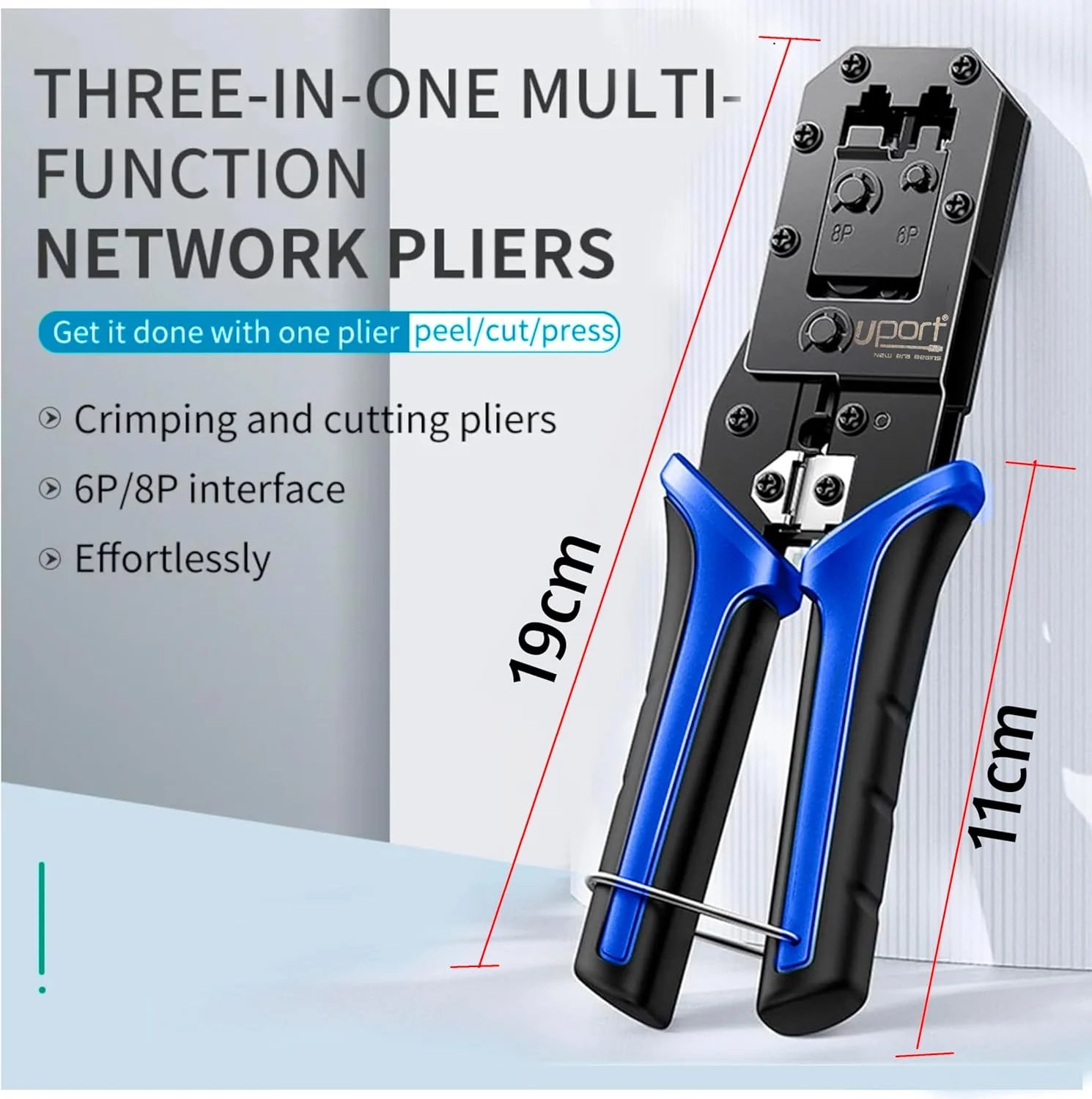 ابزار پرس شبکه ماژولار UPORT RJ45 RJ11 RJ12، ابزار برش و لخت کردن کابل شبکه / سیم لخت کن / سیم چین، برای 8P/6P/4P /CAT5/CAT5e/CAT6 همه در یک، مشکی و آبی ابزار پرس شبکه ماژولار UPORT RJ45 RJ11 RJ12، ابزار برش و لخت کردن کابل شبکه / سیم لخت کن / سیم چین، برای 8P/6P/4P /CAT5/CAT5e/CAT6 همه در یک، مشکی و آبی