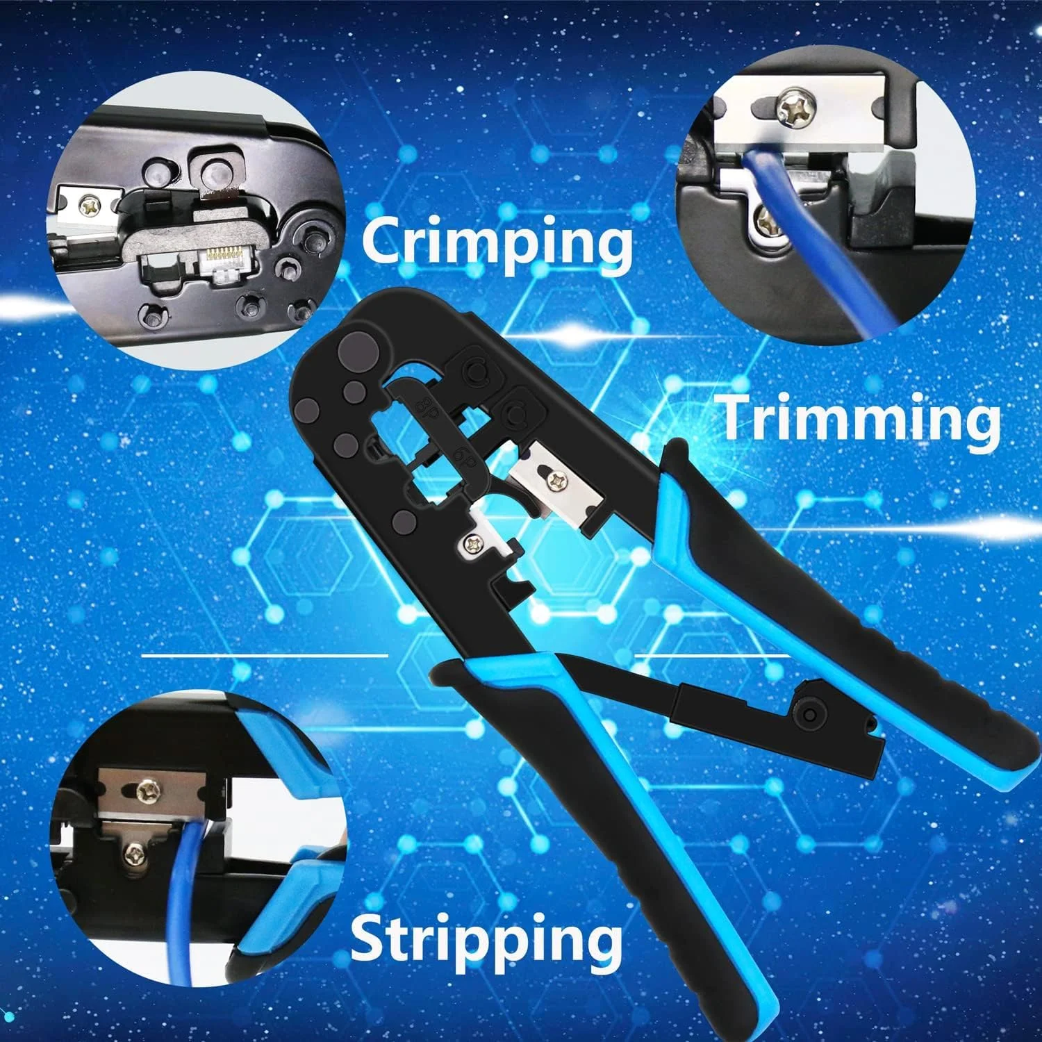 ابزار کریمپینگ حرفه ای RJ45 برای کابل های اترنت Cat5/Cat6 - شامل 50 کانکتور عبوری، 50 روکش RJ45 و سیم لخت کن کوچک برای تست کابل شبکه