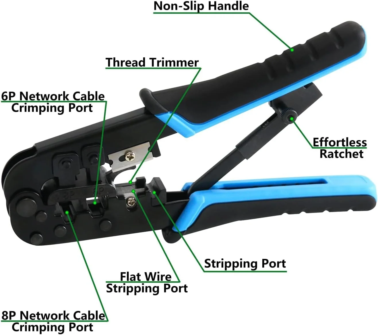 ابزار کریمپینگ حرفه ای RJ45 برای کابل های اترنت Cat5/Cat6 - شامل 50 کانکتور عبوری، 50 روکش RJ45 و سیم لخت کن کوچک برای تست کابل شبکه