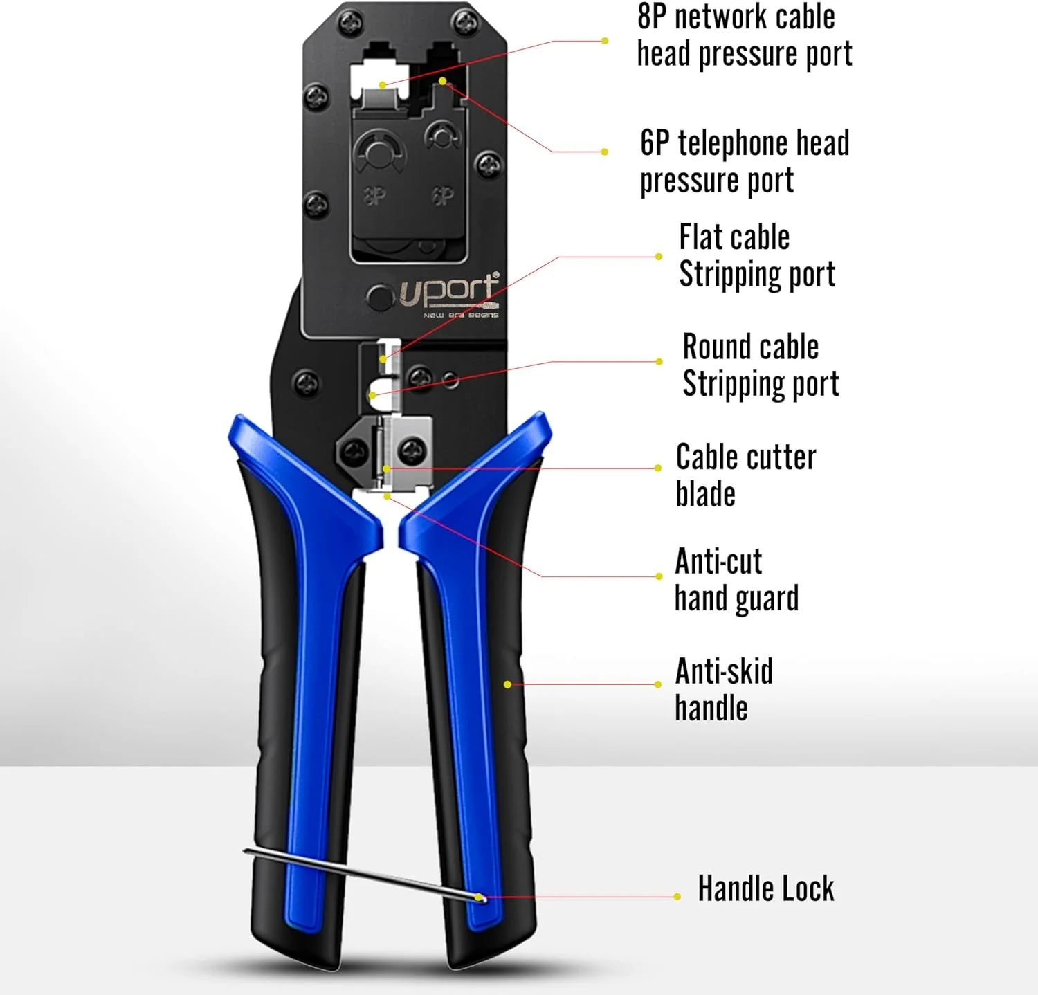 ابزار پرس شبکه ماژولار UPORT RJ45 RJ11 RJ12، ابزار برش و لخت کردن کابل شبکه / سیم لخت کن / سیم چین، برای 8P/6P/4P /CAT5/CAT5e/CAT6 همه در یک، مشکی و آبی ابزار پرس شبکه ماژولار UPORT RJ45 RJ11 RJ12، ابزار برش و لخت کردن کابل شبکه / سیم لخت کن / سیم چین، برای 8P/6P/4P /CAT5/CAT5e/CAT6 همه در یک، مشکی و آبی