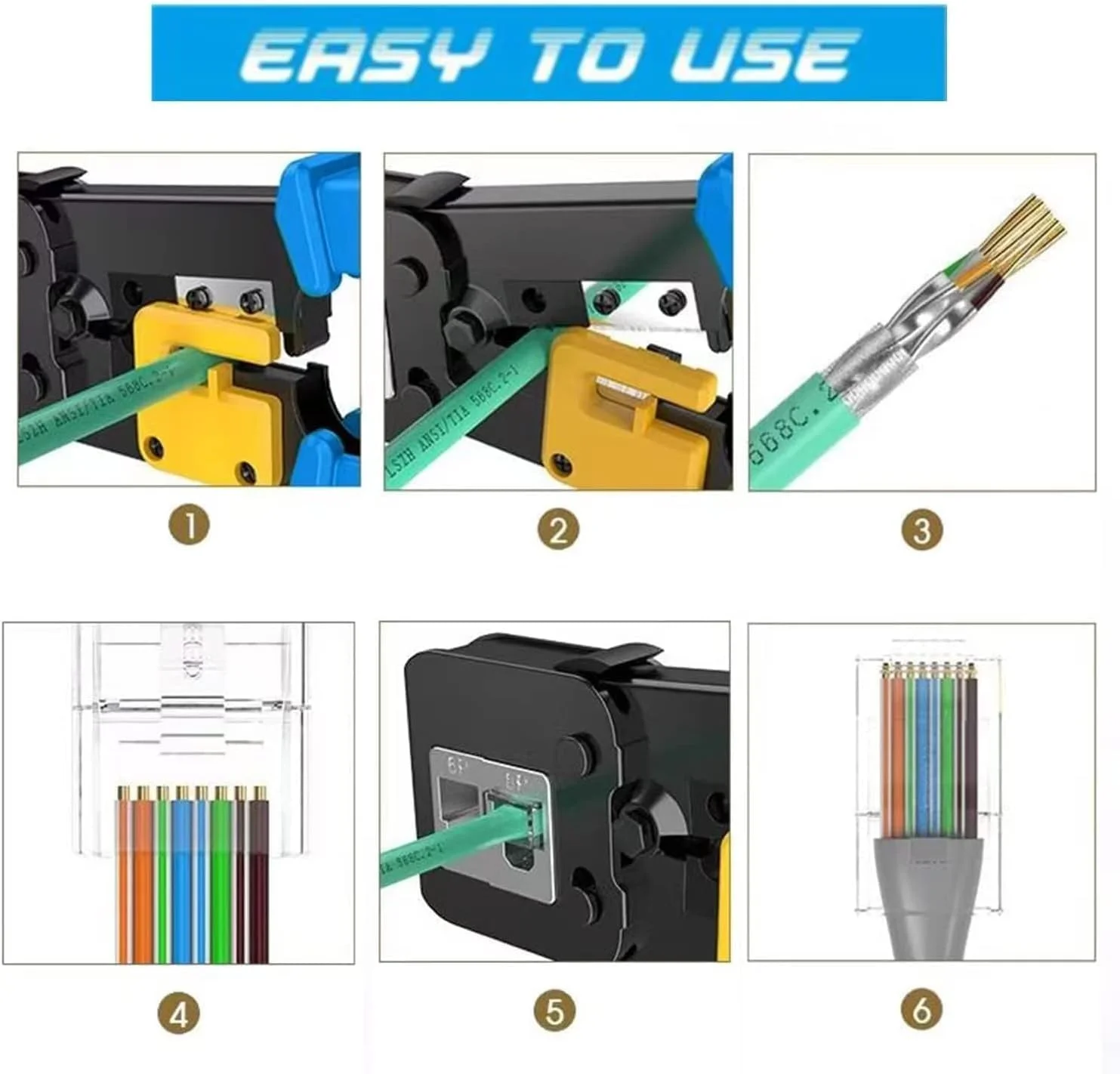 ست ابزار پرس RJ45 فنری X، ابزار پرس کابل شبکه با کیفیت عالی برای کابل های اترنت Cat5 Cat6، شامل 30 عدد کانکتور 1.1 میلی متری برای نصب و تعمیرات مطمئن شبکه