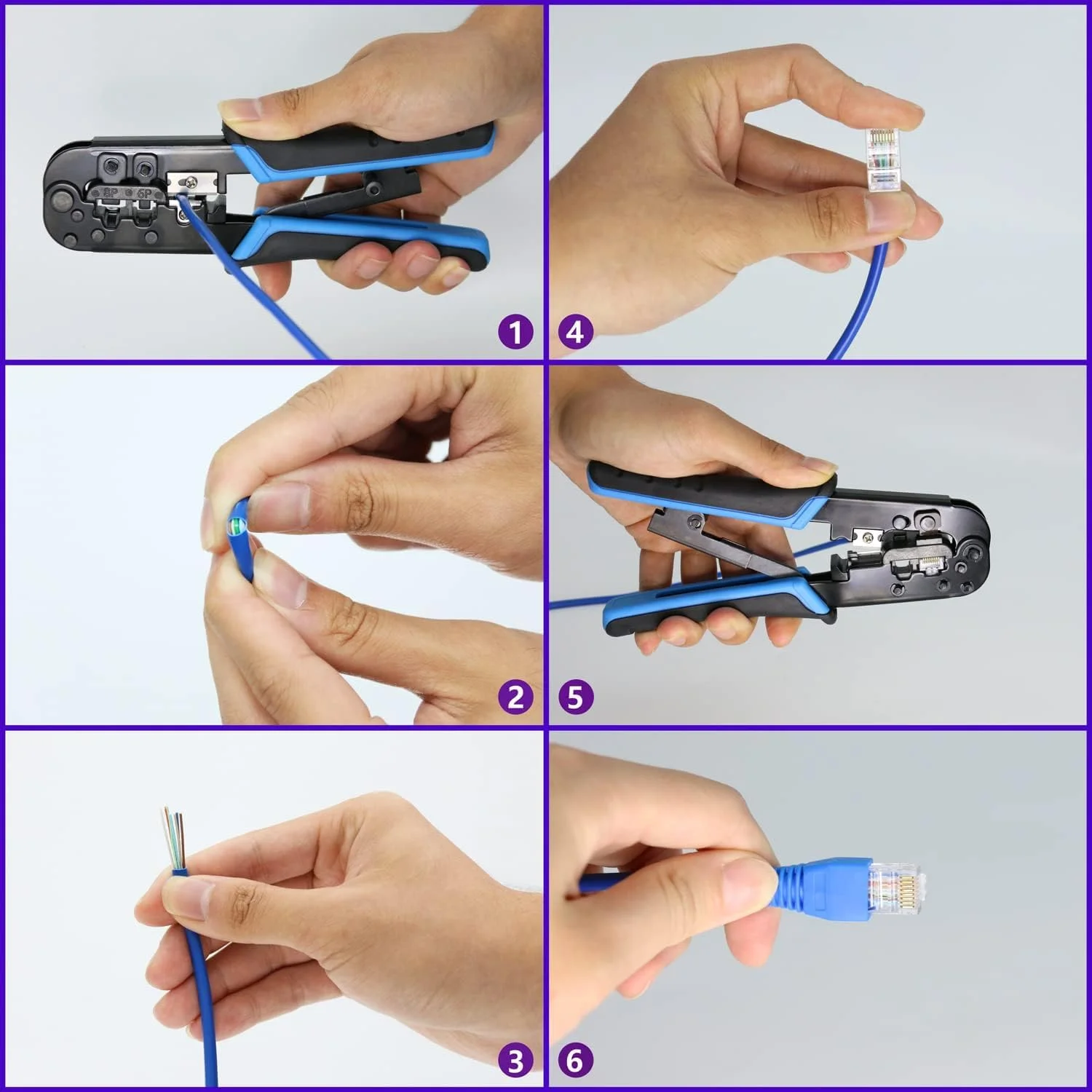 ابزار کریمپینگ حرفه ای RJ45 برای کابل های اترنت Cat5/Cat6 - شامل 50 کانکتور عبوری، 50 روکش RJ45 و سیم لخت کن کوچک برای تست کابل شبکه