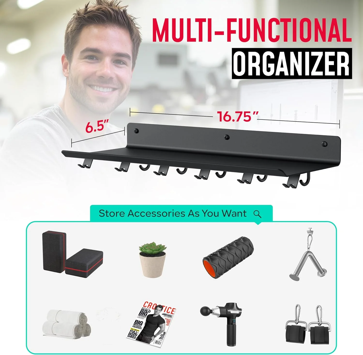 شلف شناور یک طبقه Crostice سازگار با لوازم جانبی Tonal، شلف نگهداری باشگاه خانگی، سازمان دهنده دیواری قفسه باشگاه، نگهدارنده فلزی تمرین، آداپتورهای قفل براکت T، آویز، دارای ثبت اختراع ایالات متحده