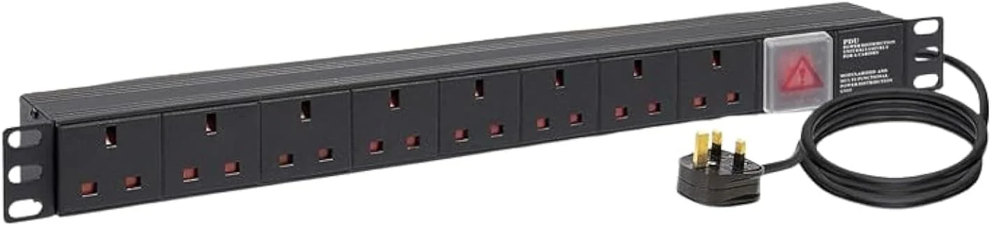 واحد توزیع برق DKURVE® با 8 خروجی و دوشاخه بریتانیایی، افقی، مناسب رک سرور، کابل 2 متری - تمام مس مشکی برای مراکز داده و مخابرات (دوشاخه بریتانیایی)