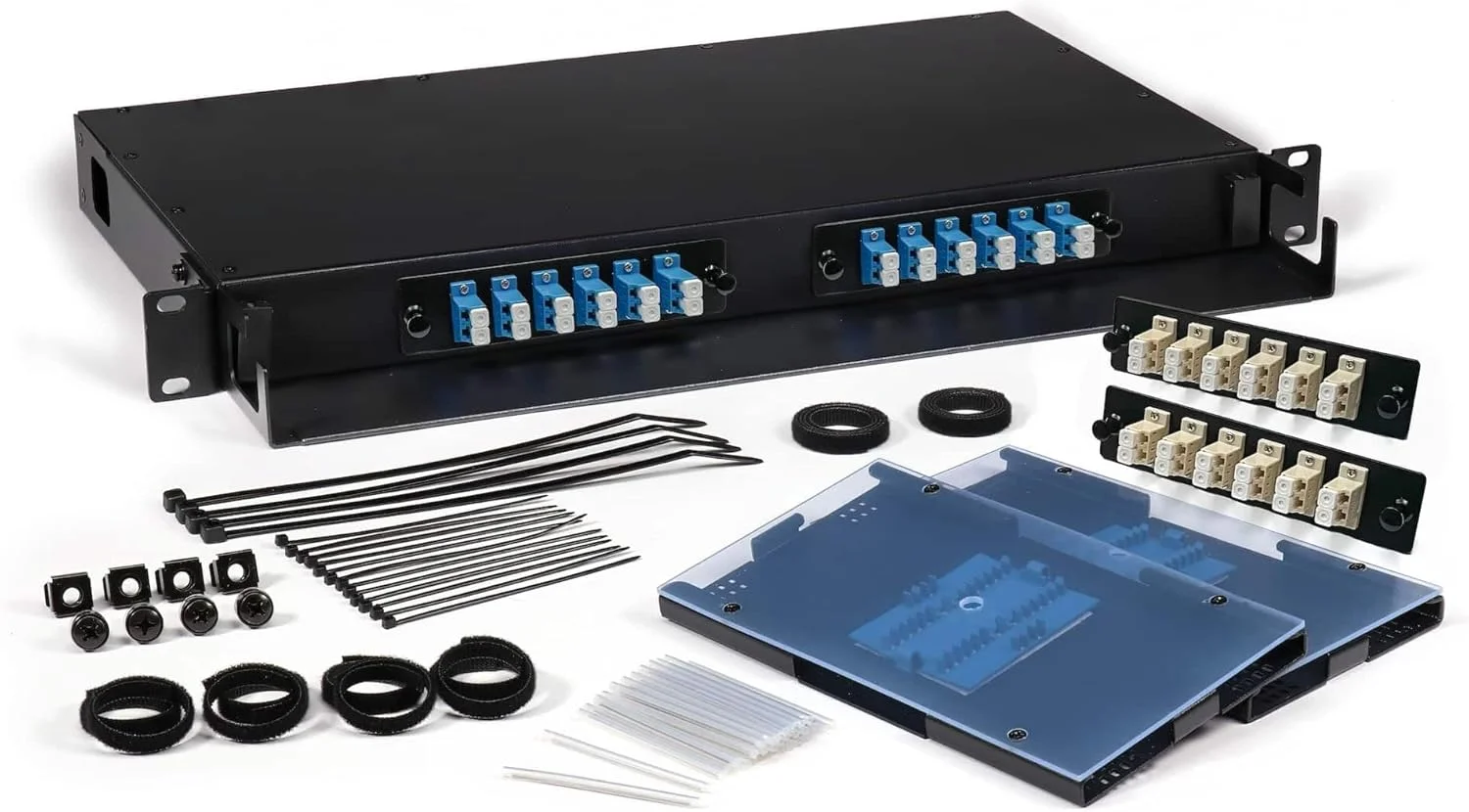 پنل پچ فیبر نوری، قابل نصب در رک، 1 یونیت، شامل 2 صفحه آداپتور LC دوبلکس سینگل مود و 2 صفحه آداپتور LC دوبلکس مالتی مود، شامل سینی های فیوژن، ظرفیت تا 24 رشته