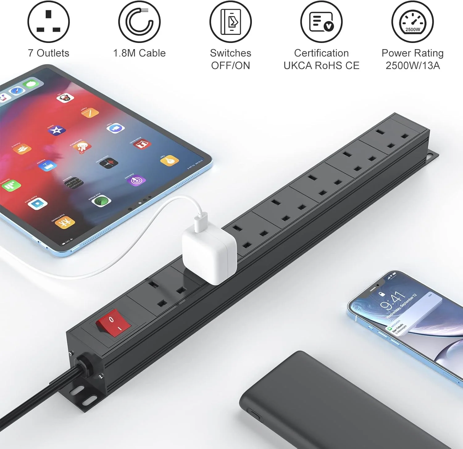 محافظ برق 7 راهی HANNELORE با سیم 1.8 متری، پریز برق رومیزی قابل نصب در رک 19 اینچی، واحد توزیع برق (PDU) مناسب منزل و اداره، مشکی 2500 وات/13 آمپر محافظ برق 7 راهی HANNELORE با سیم 1.8 متری، پریز برق رومیزی قابل نصب در رک 19 اینچی، واحد توزیع برق (PDU) مناسب منزل و اداره، مشکی 2500 وات/13 آمپر