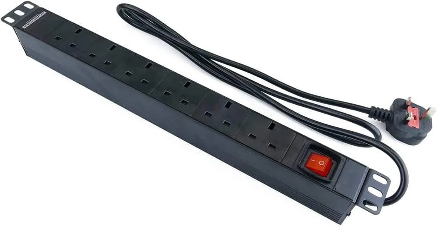 پاور استریپ رک مونت 1U با 6 خروجی 16 آمپر UK، مناسب رک شبکه، کابل 2 متری، پریز استاندارد، سوئیچ، بدنه آلومینیومی (6 خروجی) (PLUG-B01)