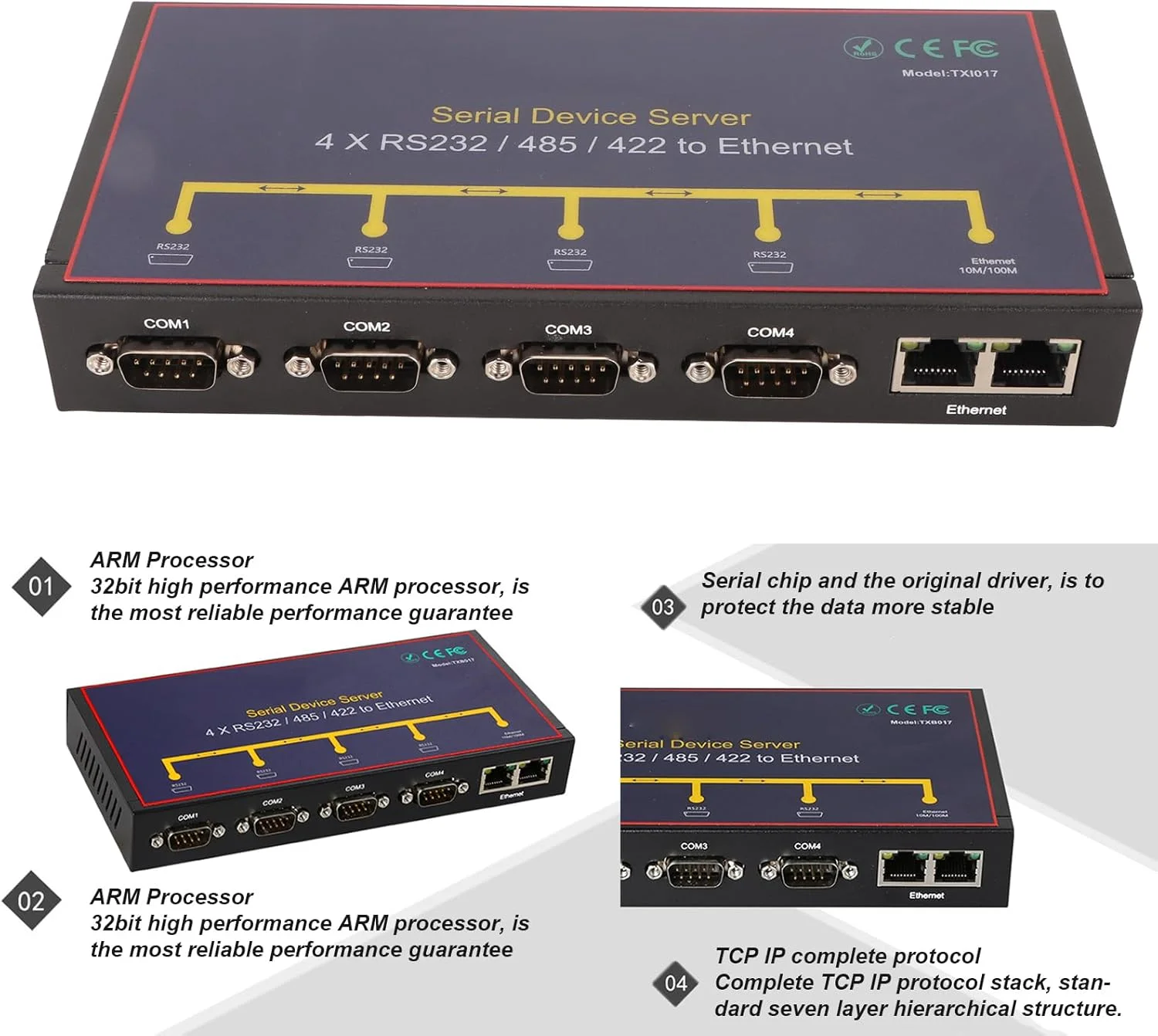 مبدل اترنت چهار پورت صنعتی RS232 RS485، آداپتور قابل اعتماد شما برای رک ها و کابینت ها، ارائه دهنده اتصال پیشرفته (دوشاخه آمریکایی)