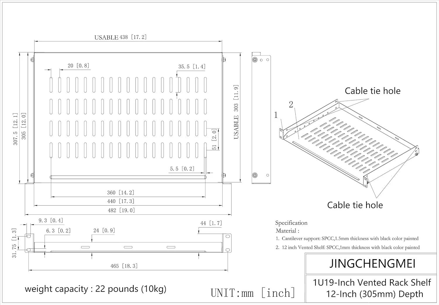 سینی رک تهویه دار 1U JINGCHENGMEI، سینی رک جهانی بدون لبه برای رک شبکه یا رک سرور 19 اینچی (عمق 12 اینچ)