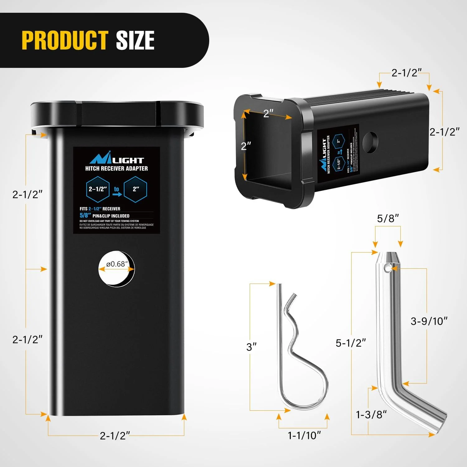 تبدیل کننده کاهنده آداپتور گیرنده یدک کش نی لایت 2-1/2 به 2 اینچ، آستین تبدیل کننده گیرنده لوازم جانبی بکسل برای سطل تراکتور، کامیون RV، باربری دوچرخه