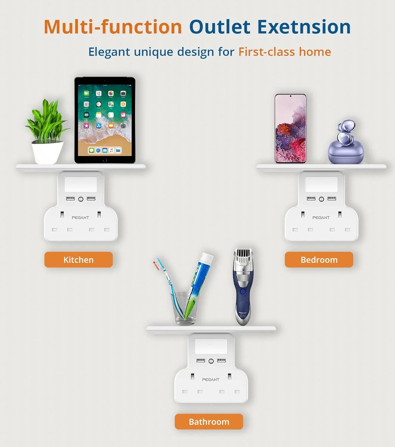 آداپتور برق چند شاخه PEGANT با 2 پورت USB، چراغ خواب و قفسه، شارژر دیواری 2 طرفه، آداپتور خروجی توسعه دهنده الکتریکی، ایستگاه شارژ سوکت برای خانه، دفتر، آشپزخانه