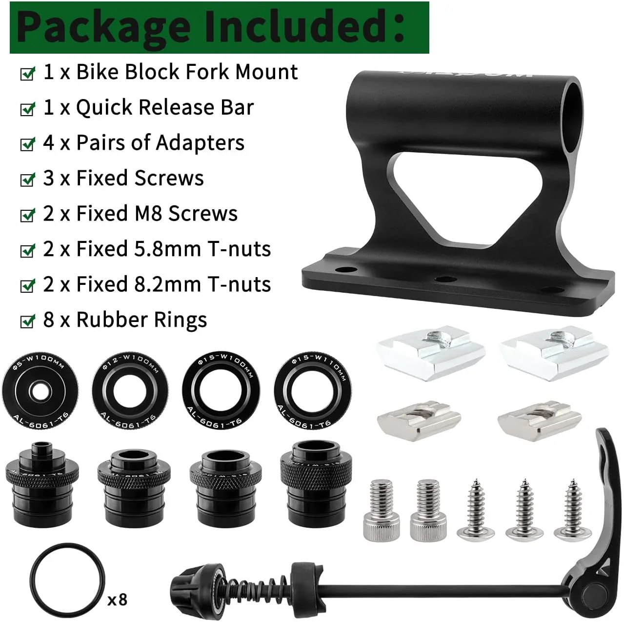 نگهدارنده چنگال دوچرخه MUQZI، بلوک قفسه چنگال دوچرخه با محور ضامن دار ارتقا یافته به همراه 4 آداپتور برای حمل و نقل و نگهداری در خودرو، کامیون، ون و شاسی بلند، مشکی