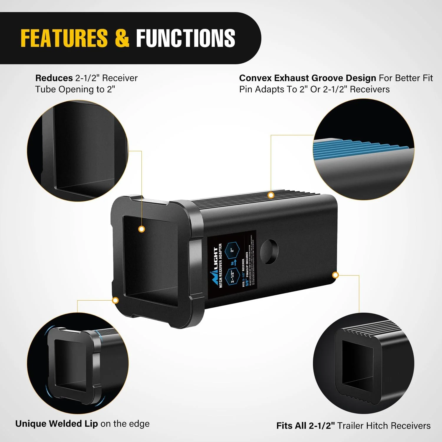 تبدیل کننده کاهنده آداپتور گیرنده یدک کش نی لایت 2-1/2 به 2 اینچ، آستین تبدیل کننده گیرنده لوازم جانبی بکسل برای سطل تراکتور، کامیون RV، باربری دوچرخه