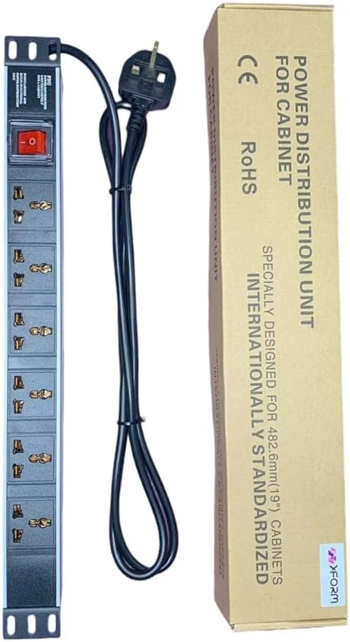 پاور استریپ 6 پورت رک مونت 1U با دوشاخه UK، 13 آمپر، مناسب رک شبکه، کابل افزایش طول 2 متری، پریز استاندارد، دارای کلید روشن/خاموش و بدنه آلومینیومی (6 پورت)