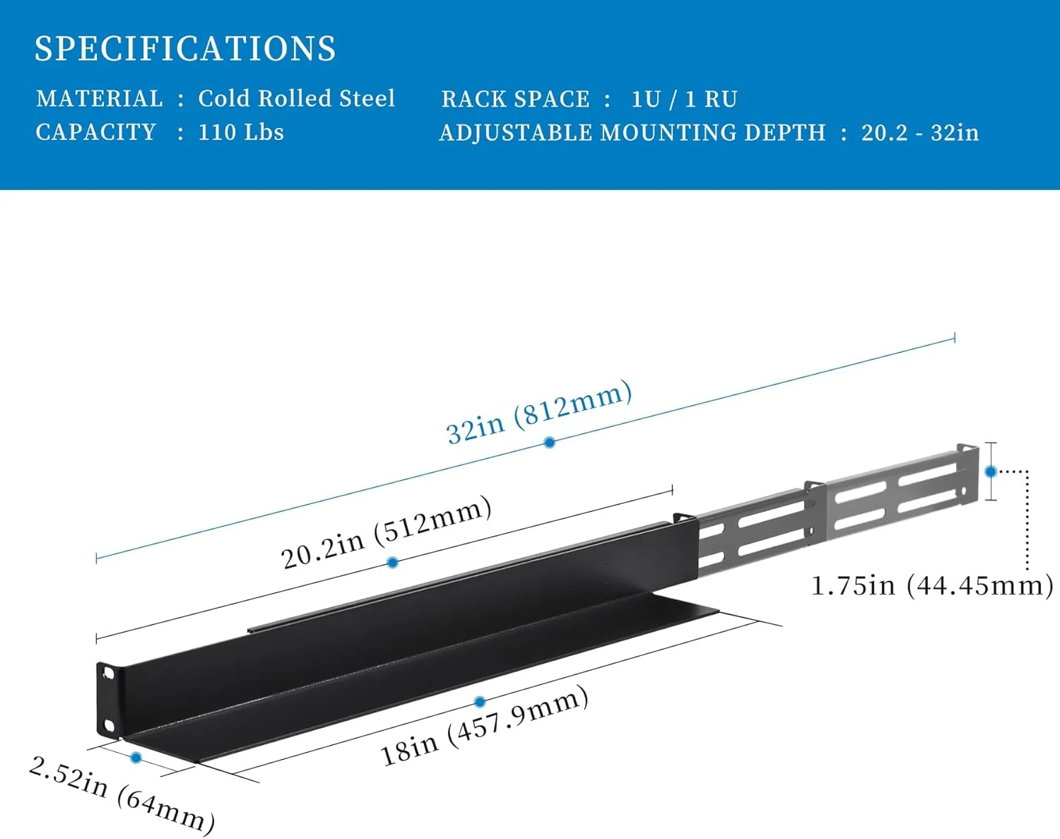 ریل رک سرور 1U چهار پایه RackPath، عمق قابل تنظیم 51.3 تا 81.2 سانتی متر - ظرفیت 50 کیلوگرم