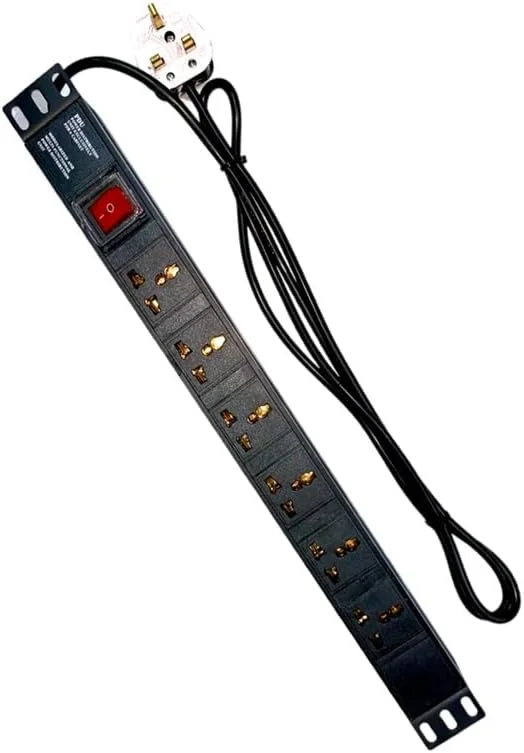 پاور استریپ 6 راهی XForm 1U با دوشاخه UK 13 آمپر، مناسب رک شبکه، کابل افزایش طول 1.8 متری، بدنه آلومینیومی مشکی