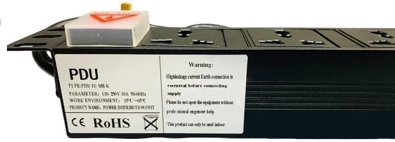 واحد توزیع برق (PDU) هشت راهی، نصب شده در رک 1U، هشت خروجی، دوشاخه 13 آمپر بریتانیایی، نوار برق PDU، رک کابینت شبکه، پریز با کابل افزایش طول 2 متری، خروجی استاندارد، سوئیچ منبع تغذیه، توزیع برق آلومینیومی - رنگ مشکی