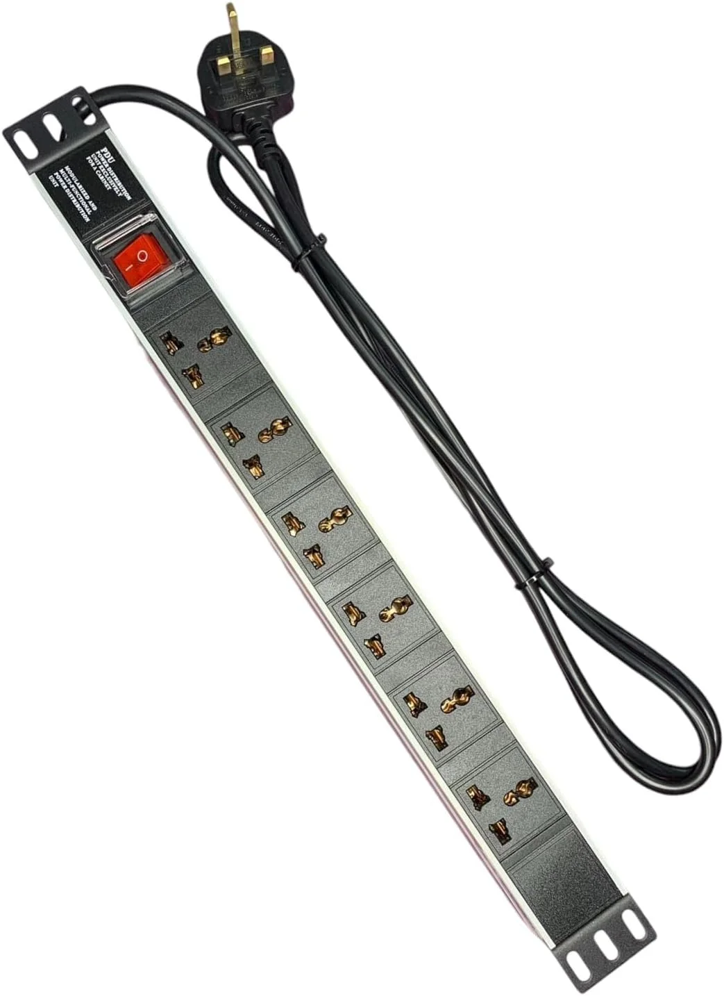 پاور استریپ 6 پورت رک مونت 1U با دوشاخه UK، 13 آمپر، مناسب رک شبکه، کابل افزایش طول 2 متری، پریز استاندارد، دارای کلید روشن/خاموش و بدنه آلومینیومی (6 پورت)