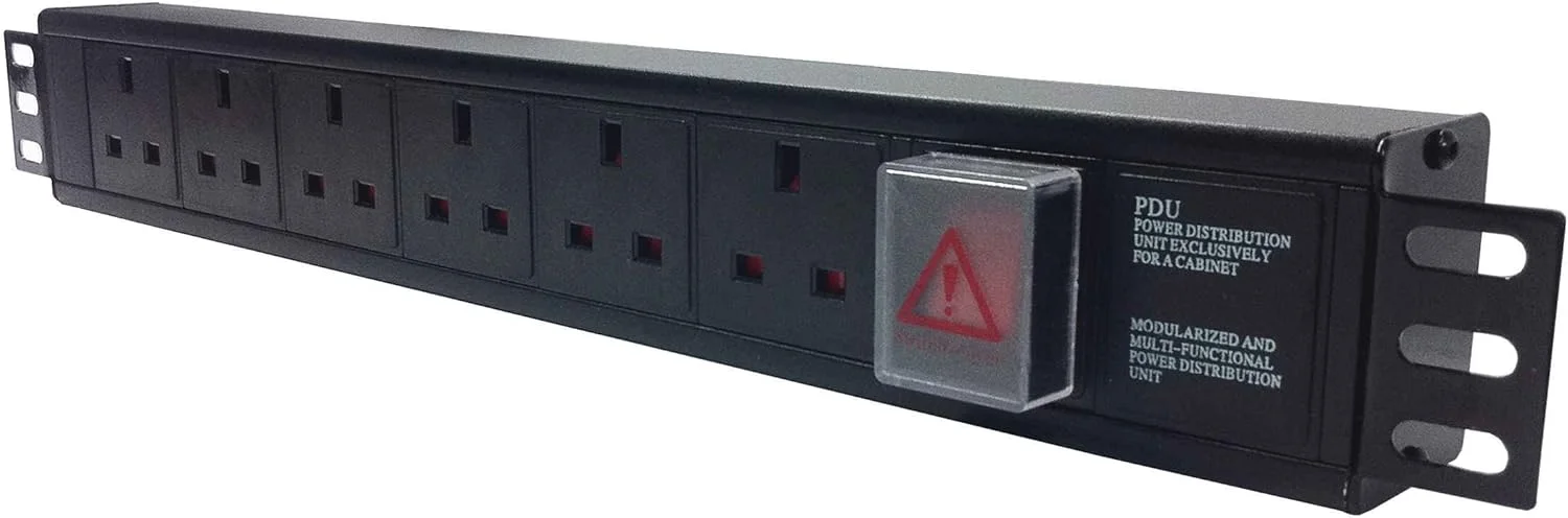 پاور استریپ 6 پورت HiEYES با نصب رک 1U، دوشاخه UK 13A، مناسب رک شبکه، کابل افزایش طول 2 متری، پریز استاندارد با کلید روشن/خاموش، بدنه آلومینیومی (6 خروجی)